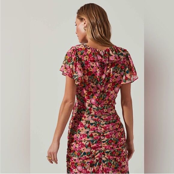Astr the Label Vilma Floral Ruched Ruffle Detail Asymmetrical Hem Midi Dress - Picture 15 of 16